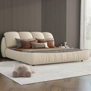 King Size Faux Leather Platform Bed with Padded Headboard in beige upholstery from Verra Luxe Home, featuring a plush overstuffed headboard and clean modern lines.