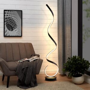 Modern Spiral LED Floor Lamp by Verra Luxe Home featuring a sculptural spiral black metal frame with warm LED illumination in a living room setting.