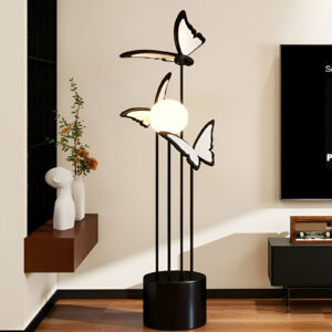 Verra Luxe Home Modern LED Floor Lamp with butterfly motif, a tall black lamp featuring butterfly-shaped light accents and a circular base for living room or bedroom ambiance