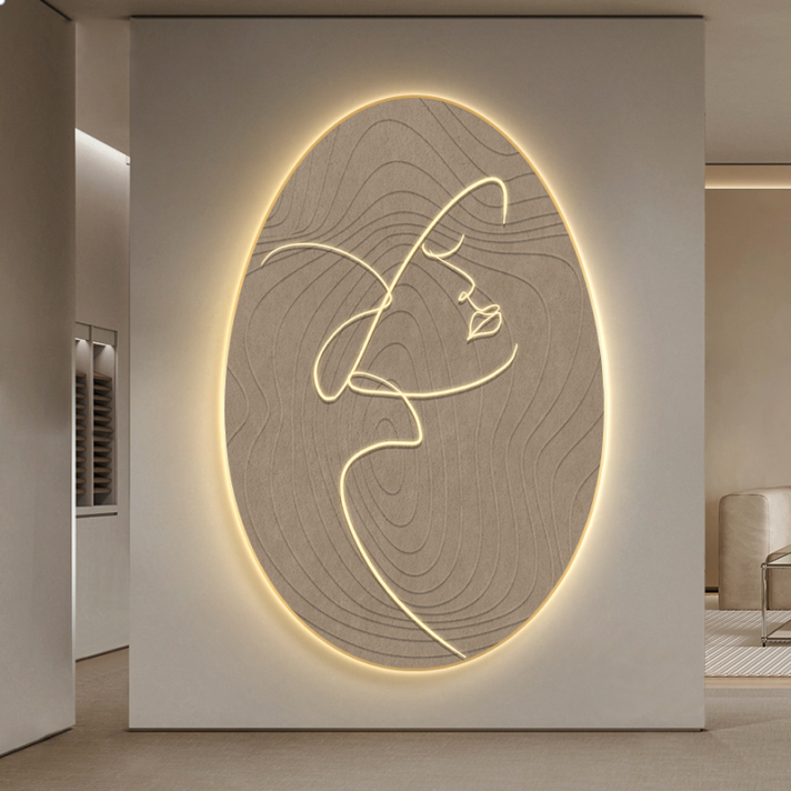 LED-lit circular wall art featuring a glowing abstract line drawing of a face, reminiscent of Wabi Sabi style, suitable for modern entrances and living spaces.