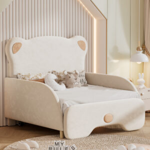 Beige Twin XL Bear Sofa Bed with a bear-shaped headboard and curved arms in soft beige upholstery, from Verra Luxe Home.