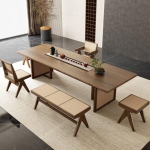 Luxurious Wooden Chinese Dining Table in warm brown wood tones with matching chairs and benches, showcasing a sleek, modern dining set by Verra Luxe Home.