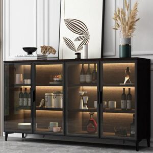 Verra Luxe Home dark glass-fronted solid wood sideboard with warm interior lighting, displaying bottles, ceramics, and decorative accents in a minimalist modern living space.