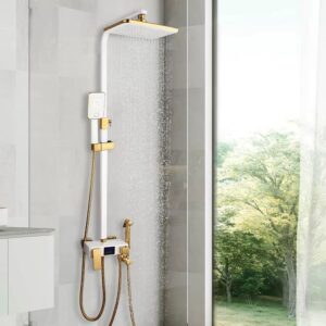 Verra Luxe Home LED thermostatic rainfall shower system in white and gold finish, wall-mounted with rainfall head, handheld shower, and digital display