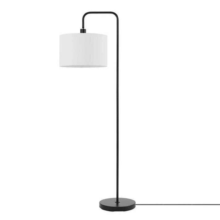 Verra Luxe Home 58-inch matte black floor lamp with white linen shade in Nordic design, minimalist silhouette with curved arm and clean lines
