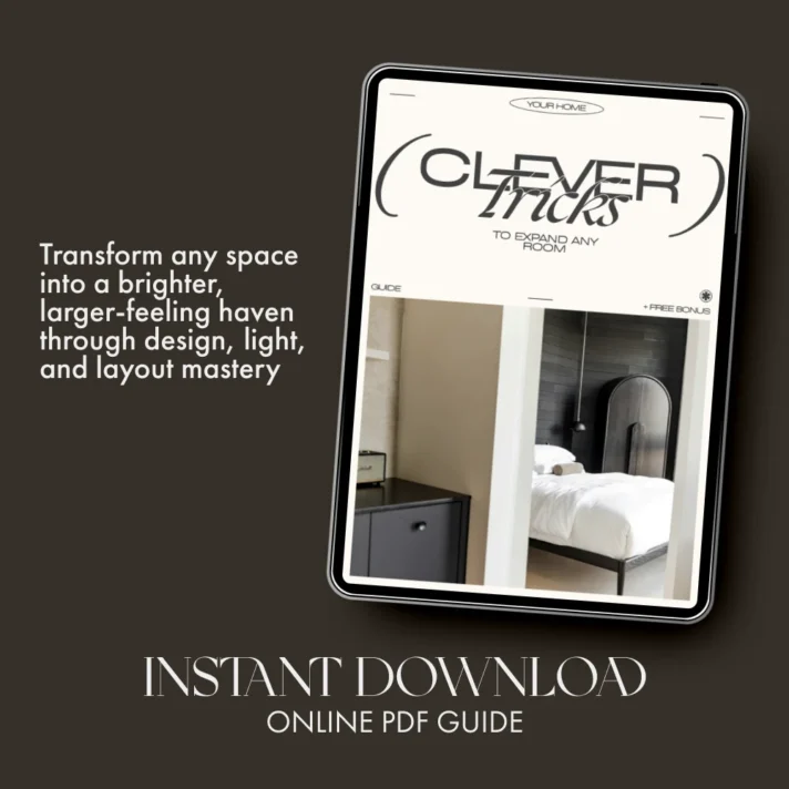 Clever Tricks to Expand Any Room eBook cover shown on a tilted tablet against a dark brown background, with a modern bedroom scene and bold white typography, Verra Luxe Home style