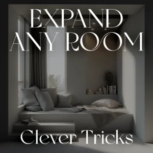 Clever Tricks to Expand Any Room cover on a gray, minimalist window-seat nook featuring bold white typography 'EXPAND ANY ROOM' across the top and 'Clever Tricks' at the bottom, with Verra Luxe Home branding subtly present