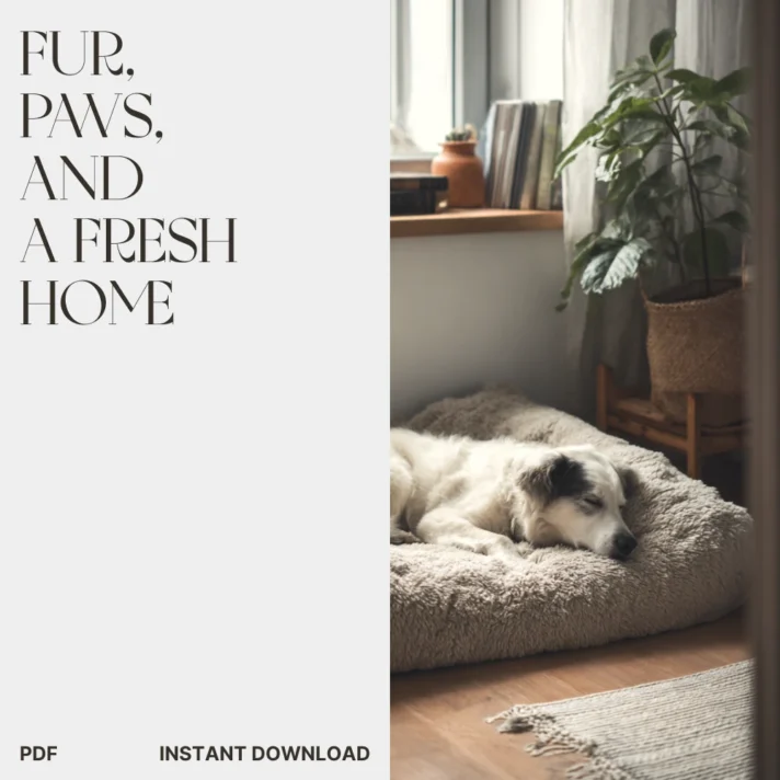 Dog sleeping on a plush beige pet bed beside a green potted plant in a sunlit, modern room; branding hints at Verra Luxe Home and Fur, Paws, and a Fresh Home