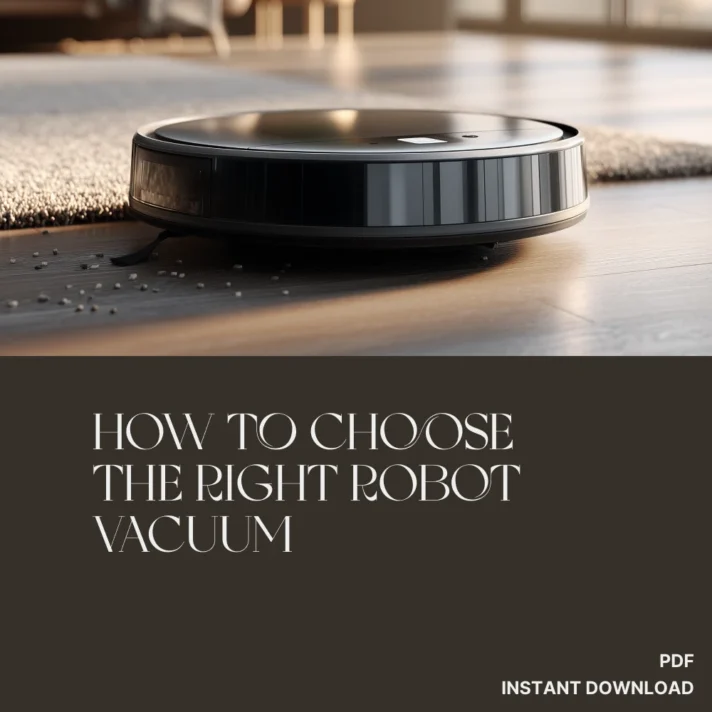 Black circular robot vacuum on a wooden floor, glossy surface and modern home setting, featured alongside Verra Luxe Home’s How to Choose the Right Robot Vacuum guide and digital download.