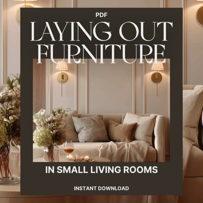 Beige living room with a plush sofa, soft lighting, and a large ebook cover titled LAYING OUT FURNITURE IN SMALL LIVING ROOMS, by Verra Luxe Home, in a warm, inviting ambiance.