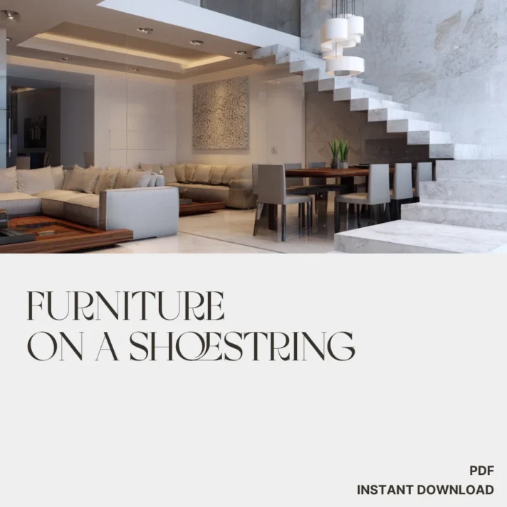 Luxurious modern living room with white marble staircase, neutral beige sectional, and a minimalist dining area, featuring Verra Luxe Home styling and the Furniture on a Shoestring concept.