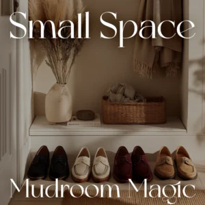 Small Space Mudroom Magic by Verra Luxe Home shows a tan wooden mudroom nook with a woven basket, pampas vase, and row of leather shoes, offering cozy, organized entryway styling for compact spaces.