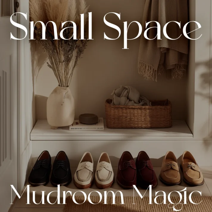 Small Space Mudroom Magic by Verra Luxe Home shows a tan wooden mudroom nook with a woven basket, pampas vase, and row of leather shoes, offering cozy, organized entryway styling for compact spaces.