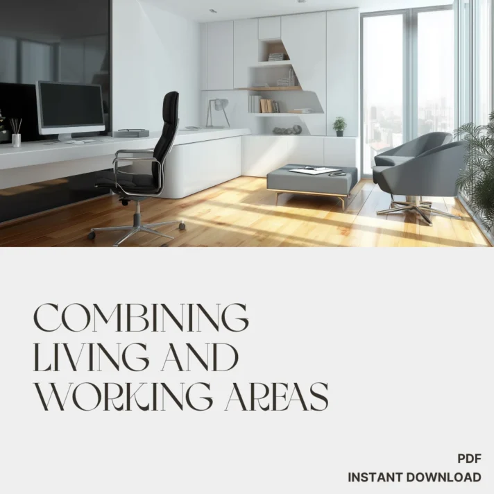 Modern white home office with a sleek desk, black ergonomic chair, built-in white cabinetry, and a bright living area by Verra Luxe Home; inspired by Combining Living and Working Areas Home Office Design Guide