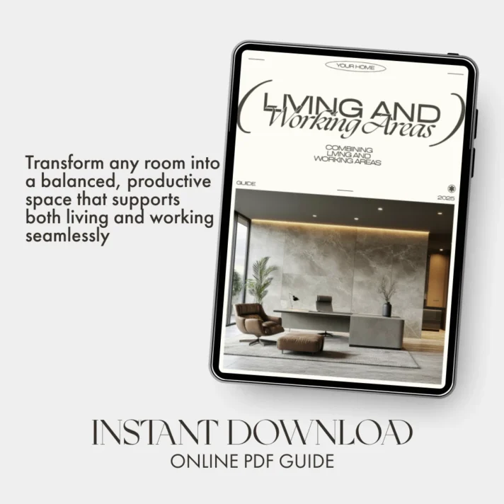 Sleek tablet showing the Verra Luxe Home 'Combining Living and Working Areas' Home Office Design Guide cover, set against a modern, neutral-toned living space with stylish furniture.