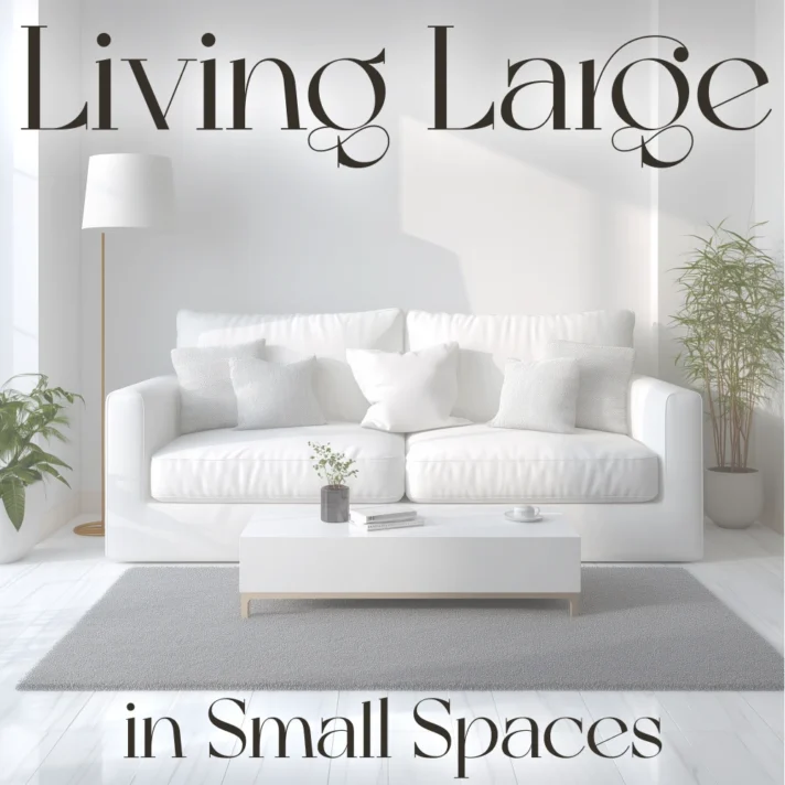 Living Large in Small Spaces: a white minimalist living room with a plush sofa, neutral cushions, a rectangular coffee table, and lush potted plants, accented by bold typography reading Living Large.