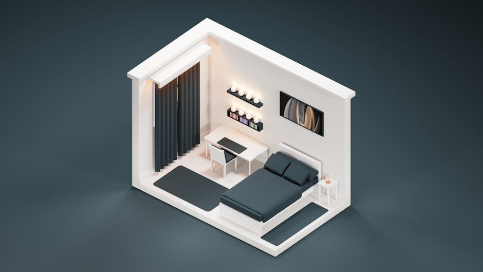 Verra Luxe Home modern minimalist bedroom render with white walls, charcoal bed and bedding, white desk and chair, makeup mirror lights, dark teal accents, sheer curtains, and soft ambient lighting