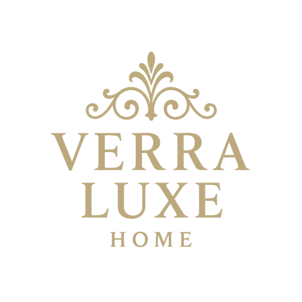 Gold ornate Verra logo crest on a black background, brand mark for Verra Luxe Home, a luxe modern decor label with elegant scrollwork.