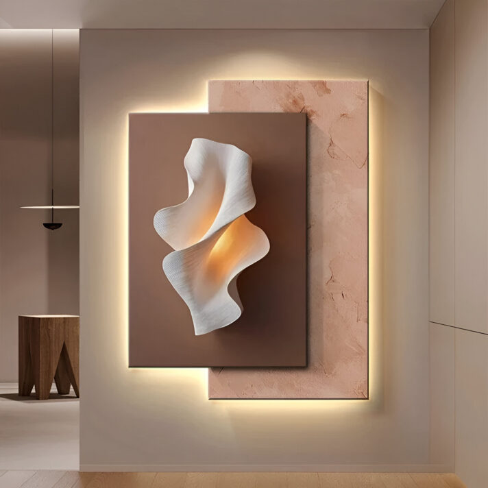 Modern Crystal LED Wall Lamp featuring a porcelain glow on a warm marble pink panel, minimalistic wall art lighting with soft ambient illumination
