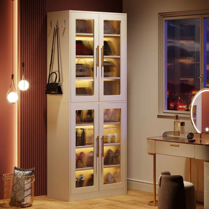 Verra Luxe Home tall 8-tier shoe cabinet in white with acrylic tempered doors and integrated LED lighting, modern storage solution for entryways and closets