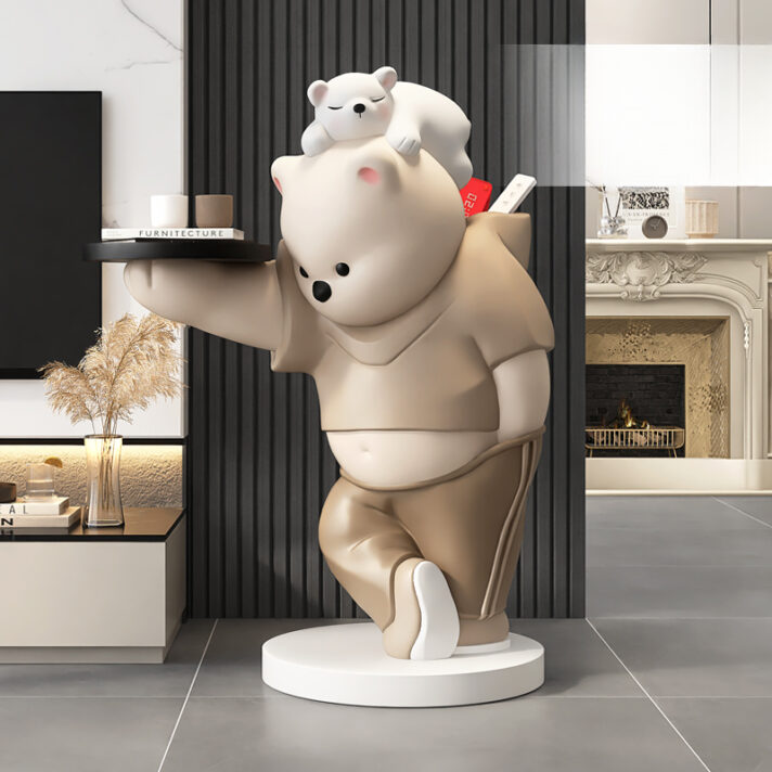 Verra Luxe Home Modern Resin Bear Floor Ornament in beige with a small white bear perched on its head, a bold contemporary decor sculpture