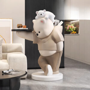 Modern Resin Bear Floor Ornament: beige bear sculpture with a white cub perched on top, resin material, contemporary decor statement