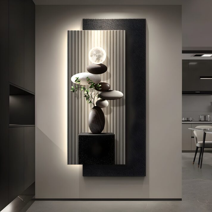 Modern Art Deco LED Wall Light featuring a vertical ribbed panel with a stacked stone sculpture and soft backlit glow in a dark textured frame, by Verra Luxe Home