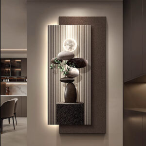 Modern Art Deco LED Wall Light featuring stacked natural stones sculpture against a textured wall, beige and brown tones, elegant mural sconce design