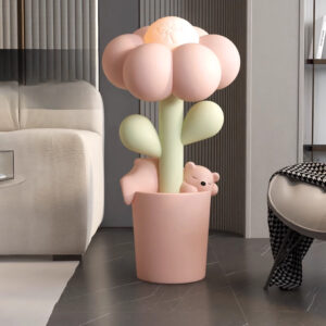 Pastel pink resin flower floor sculpture with a peach bloom atop a pale green stem in a soft pink pot, by Verra Luxe Home, Large Resin Flower Floor Decor