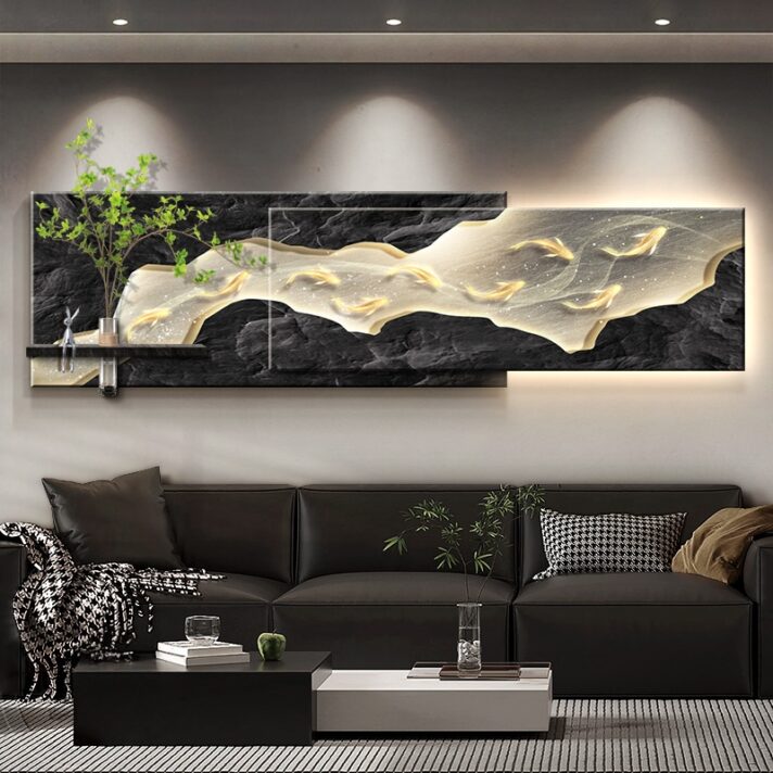 Modern LED Wall Art Light featuring a three-panel sandstone mural with a black textured background and a flowing gold-cream motif, creating a contemporary focal piece for living spaces