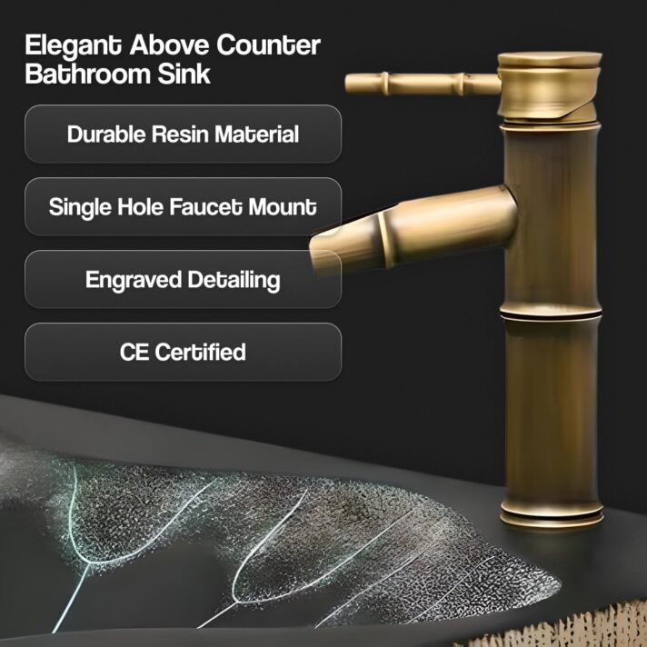 Golden bamboo-style faucet against a dark backdrop paired with Modern Lotus Leaf Rectangular Resin Washbasin – Elegant Above Counter Bathroom Sink