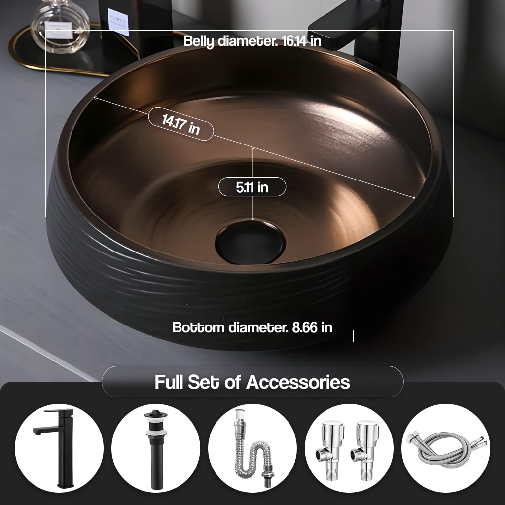 Deluxe Black and Bronze Ceramic Bathroom Sink Set featuring a round porcelain bowl with a black finish and bronze accents, ideal for modern luxury bathrooms