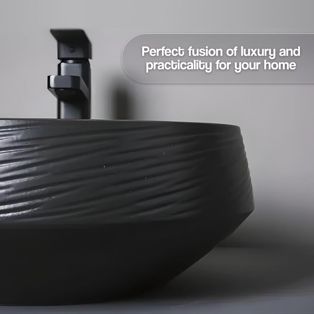 Deluxe Black and Bronze Ceramic bathroom sink set featuring a black textured vessel sink and modern faucet, from VerraLuxe Home