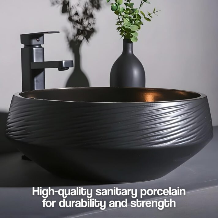 Verra Luxe Home Deluxe Black and Bronze Ceramic Bathroom Sink Set featuring a black porcelain round basin with bronze accents and a matte finish for a modern bathroom look