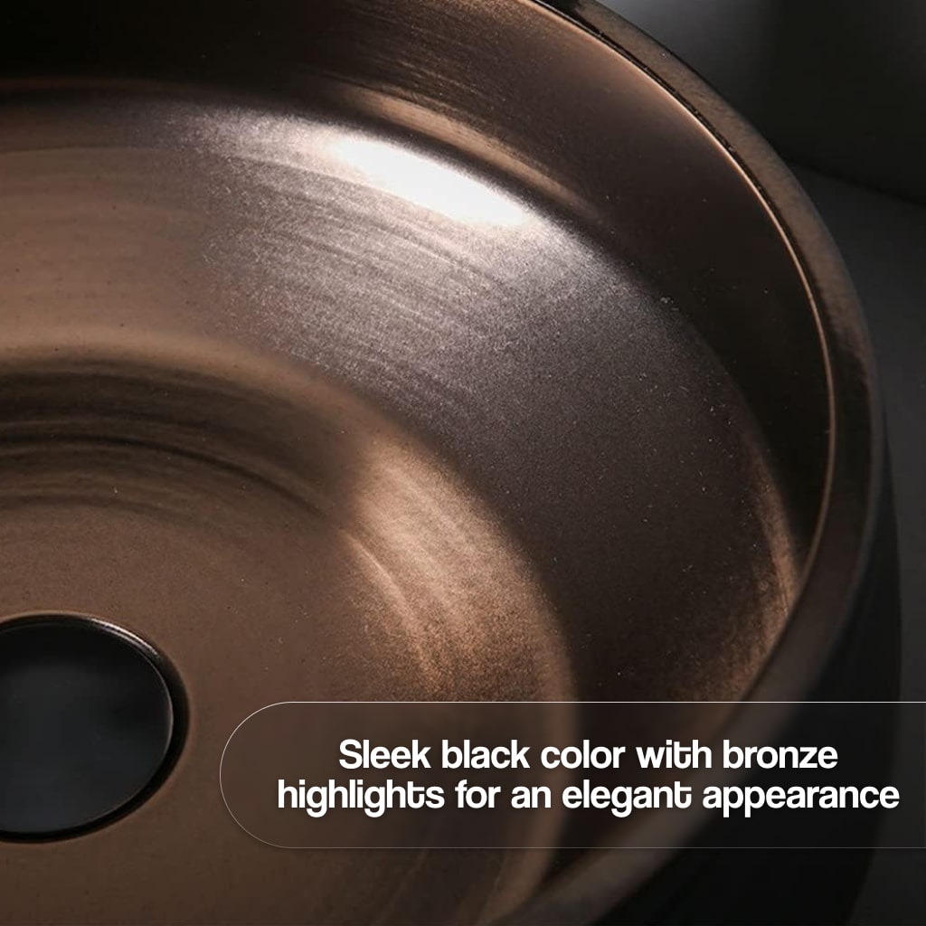 Deluxe black and bronze ceramic bathroom sink set with a round bowl, bronze highlights, and durable sanitary porcelain construction for an elegant look