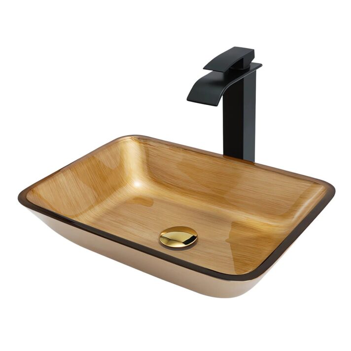 Elegant rectangular tempered glass bathroom sink with wood grain gold pattern and a black modern faucet, engineered for contemporary baths