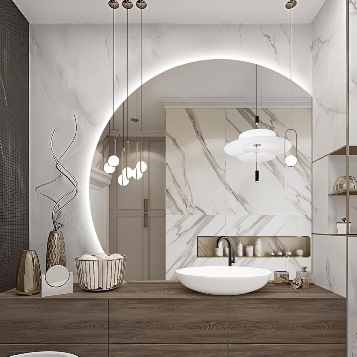 A 35-inch half-moon LED vanity mirror with backlit frameless glow in a modern bathroom, reflecting crisp light on marble walls