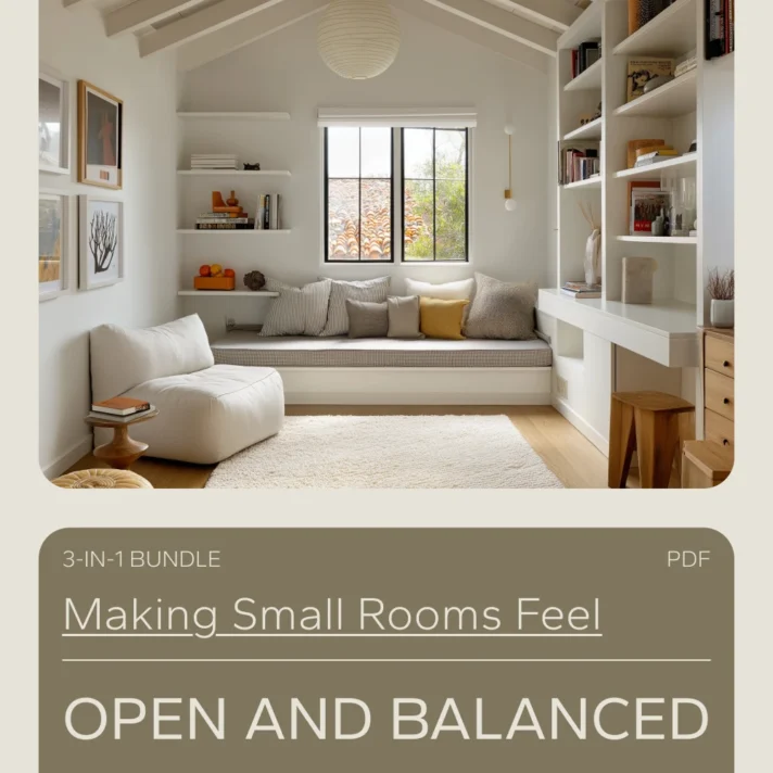 Bright living room with a white sofa and warm wood accents, plus “Making Small Rooms Feel Open and Balanced” 3-in-1 bundle PDF text.