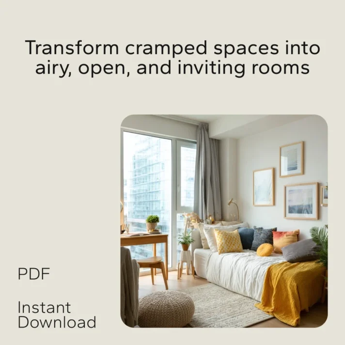Sunlit living room with soft neutral tones, large windows, and framed wall art, illustrating how to make small spaces feel open and balanced.