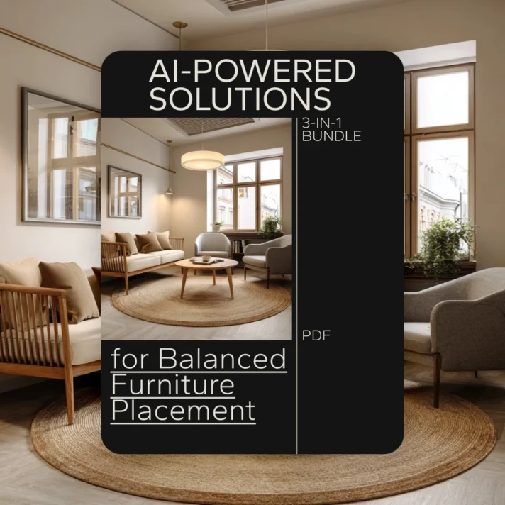 Modern living room with beige tones and a bold label reading “AI-Powered Solutions for Balanced Furniture Placement | 3-in-1 Bundle,” PDF bundle