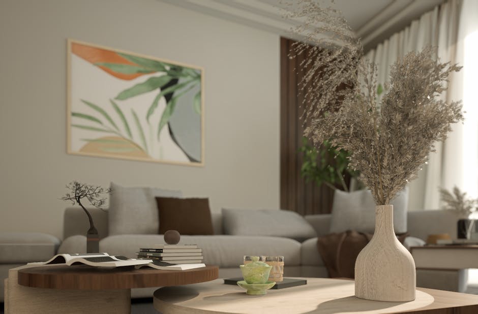 Neutral living room with beige sofa, wooden coffee table, dried grass vase, and abstract botanical art, reflecting warm minimalism and curved architecture trends