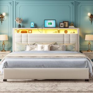 King Size Bed Frame with LED Lights, Charging Station & Storage Headboard