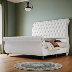 Queen Velvet Upholstered Sleigh Bed Frame with Scroll Headboard & Footboard