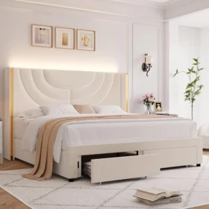 LED Bed Frame with Storage Drawers and Solid Wood Support