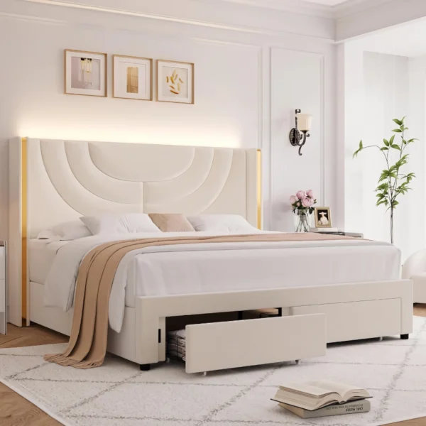 LED Bed Frame with Storage Drawers and Solid Wood Support