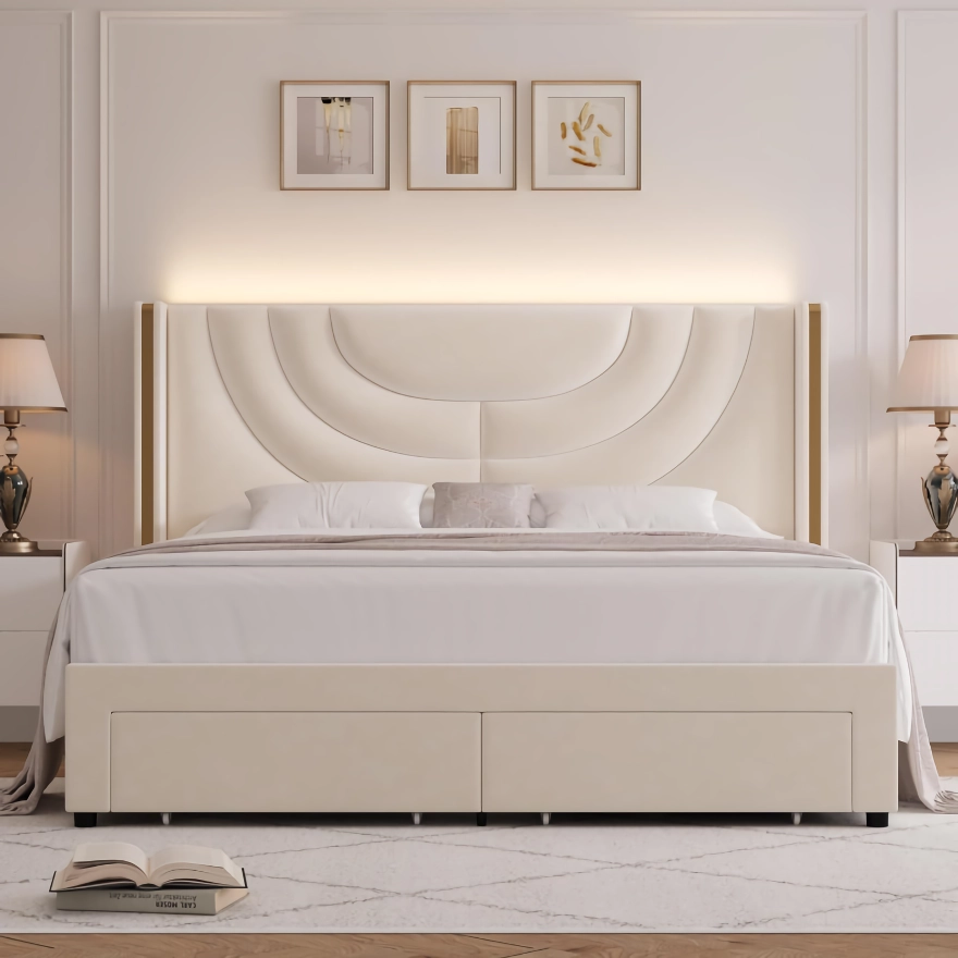 LED Bed Frame with Storage Drawers and Solid Wood Support - Image 2