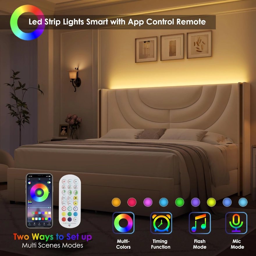 LED Bed Frame with Storage Drawers and Solid Wood Support - Image 5