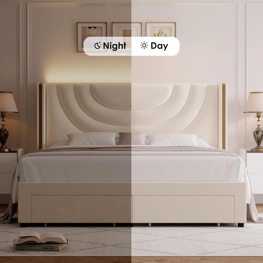 LED Bed Frame with Storage Drawers and Solid Wood Support - Image 4