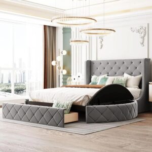 Queen Size Velvet Platform Bed Frame with Storage and Wingback Headboard