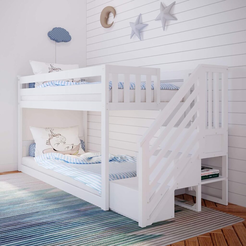 White Twin Low Loft Bed with Staircase - Space-Saving Kids' Furniture